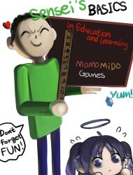 Rule 34 | 1boy, 1girl, :&lt;, ahoge, doodle sensei (blue archive), baldi, baldi&#039;s basics, baldi (cosplay), black hair, blue archive, blue pants, chalkboard, closed eyes, closed mouth, commentary request, cosplay, crystal, dokomon, english text, flying sweatdrops, green shirt, halo, heart, highres, holding, korean commentary, pants, parted bangs, purple eyes, purple hair, ruler, sensei (blue archive), shirt, simple background, white background, yuuka (blue archive)