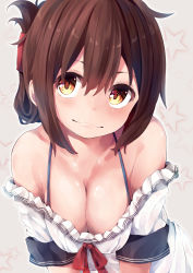 Rule 34 | 1girl, adapted costume, alternate breast size, blush, breasts, brown eyes, brown hair, cleavage, closed mouth, collarbone, dress, folded ponytail, hair between eyes, highres, inazuma (kancolle), kantai collection, long hair, looking at viewer, medium breasts, short sleeves, solo, taisho (gumiyuki), white dress