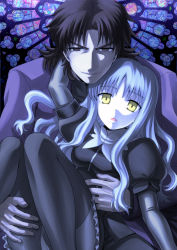 Rule 34 | 1boy, 1girl, bad id, bad pixiv id, brown eyes, brown hair, caren hortensia, fate/hollow ataraxia, fate/stay night, fate (series), father and daughter, kotomine kirei, layered sleeves, long hair, sanada (teketo), time paradox, white hair, yellow eyes