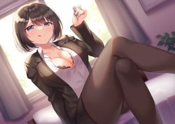 Rule 34 | 1girl, :p, bad id, bad pixiv id, black bra, black hair, bra, breasts, business suit, cleavage, collarbone, collared shirt, commentary request, crossed legs, curtains, formal, highres, holding, holding key, indoors, key, charm (object), looking at viewer, medium breasts, office lady, on bed, open clothes, open mouth, open shirt, original, pantyhose, picture frame, purple eyes, shiono (0303), shirt, short hair, sitting, solo, suit, tongue, tongue out, unbuttoned, underwear, white shirt, window