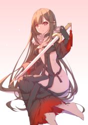 Rule 34 | 1girl, bad id, bad pixiv id, black gloves, blunt bangs, breasts, brown hair, center opening, choker, ear piercing, fate/grand order, fate (series), full body, fur collar, gloves, gradient background, highres, holding, holding sword, holding weapon, long hair, looking at viewer, mo (pixiv9929995), piercing, red eyes, shadow, sidelocks, simple background, sitting, solo, sword, weapon, yokozuwari, yu mei-ren (fate)