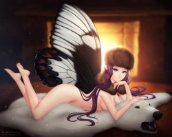 Rule 34 | 1girl, artist name, bad id, bad pixiv id, barefoot, bear, bear rug, blue eyes, blurry, blurry background, breasts, bug, butterfly, butterfly wings, cleavage, crossed legs, feet, fireplace, from side, full body, fur collar, fur hat, gigamessy, hand on own chin, hat, insect, insect wings, long hair, looking at viewer, lying, nude, on stomach, original, patreon username, pointy ears, polar bear, purple hair, smile, solo, the pose, very long hair, wings