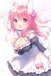 Rule 34 | 1girl, :d, animal ears, apron, black dress, blush, bow, breasts, cherry blossoms, cleavage, clenched hand, commentary request, cowboy shot, detached sleeves, dress, frilled apron, frills, hair between eyes, hand up, highres, juliet sleeves, large breasts, long hair, long sleeves, looking at viewer, maid, maid headdress, open mouth, original, petals, pink bow, puffy sleeves, purple ribbon, rabbit ears, red eyes, red hair, ribbon, sakura (usashiro mani), sleeveless, sleeveless dress, smile, solo, two side up, usashiro mani, very long hair, white apron, white background