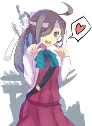 Rule 34 | 10s, 1girl, ahoge, asashimo (kancolle), bow, bowtie, collared shirt, fingers to cheeks, grey hair, hair over one eye, headband, heart, highres, kantai collection, kogalashi, looking at viewer, multicolored hair, open mouth, pleated skirt, purple skirt, school uniform, shirt, simple background, skirt, solo, spoken heart, two-tone hair, white background, white shirt