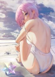Rule 34 | 1girl, alternate costume, back, back focus, bare back, barefoot, beach, blue sky, blush, breasts, cloud, commentary request, eyes visible through hair, fate/grand order, fate (series), from behind, highres, looking at viewer, looking back, mash kyrielight, medium breasts, ocean, one-piece swimsuit, outdoors, pink hair, purple eyes, saint quartz (fate), sand, short hair, sideboob, sitting, sky, solar (happymonk), solo, swimsuit, wet, white one-piece swimsuit
