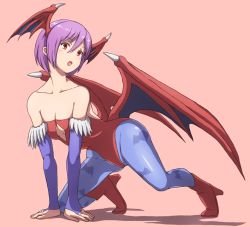 Rule 34 | 1girl, all fours, arm support, bare shoulders, bat wings, blush, breasts, cleavage, collarbone, female focus, high heels, leotard, lilith aensland, looking at viewer, open mouth, pink hair, red eyes, short hair, simple background, solo, vampire (game), wings, you (maumauyo)