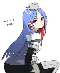 Rule 34 | 1girl, absurdres, bigkwl, black gloves, black skirt, black thighhighs, blue hair, dated, elbow gloves, feet out of frame, from behind, gloves, grey jacket, headgear, highres, jacket, kantai collection, long hair, military uniform, multicolored hair, one-hour drawing challenge, pencil skirt, red hair, simple background, skirt, smile, solo, south dakota (kancolle), star (symbol), thighhighs, twitter username, uniform, white background, white hair