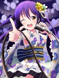 Rule 34 | 1girl, blue hair, detached sleeves, hair between eyes, hair ornament, holding, holding microphone, japanese clothes, kimono, long hair, looking at viewer, love live!, love live! school idol project, microphone, one eye closed, open mouth, print kimono, short kimono, short yukata, simple background, smile, solo, sonoda umi, swept bangs, wide sleeves, yellow eyes, yukata