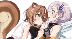 Rule 34 | 2girls, animal ears, ayunda risu, bare shoulders, blouse, blush, braid, collared shirt, earrings, eye contact, face-to-face, green eyes, hair between eyes, highres, hololive, hololive indonesia, jewelry, looking at another, lying, lying on person, multicolored hair, multiple girls, on side, open mouth, pavolia reine, purple hair, shirt, short hair, single braid, sleeveless, sleeveless shirt, smile, squirrel ears, squirrel girl, squirrel tail, streaked hair, sweat, tail, upper body, virtual youtuber, white background, white hair, white shirt, yomosaka, yuri