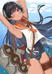 Rule 34 | 1girl, akagi kurage, anti-aircraft, anti-aircraft gun, armpits, arms up, bad id, bad twitter id, black hair, blue eyes, blue one-piece swimsuit, hair between eyes, headgear, highres, i-400 (kancolle), kantai collection, light rays, looking back, machinery, one-piece swimsuit, one-piece tan, open mouth, orange sailor collar, sailor collar, sailor shirt, school swimsuit, shirt, side-tie shirt, sleeveless, sleeveless shirt, smile, solo, submerged, swimming, swimsuit, swimsuit under clothes, tan, tanline, torpedo, underwater, water