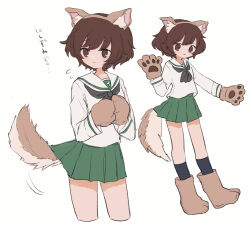 Rule 34 | 1girl, akiyama yukari, animal ears, animal hands, black neckerchief, black socks, blouse, brown eyes, brown footwear, brown gloves, brown hair, closed mouth, commentary, cropped legs, dog ears, dog tail, fake animal ears, fake tail, flying sweatdrops, girls und panzer, gloves, green skirt, kneehighs, light frown, long sleeves, looking at viewer, looking to the side, messy hair, miniskirt, motion lines, multiple views, neckerchief, ooarai school uniform, own hands together, paw gloves, paw shoes, pleated skirt, ri (qrcode), sailor collar, school uniform, serafuku, shirt, short hair, simple background, skirt, smile, socks, standing, tail, tail wagging, translated, white background, white sailor collar, white shirt