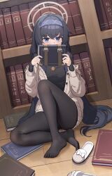 Rule 34 | 1girl, absurdres, artist request, bags under eyes, black hair, black pantyhose, black undershirt, blue archive, blue eyes, blue hairband, blush, book, bookshelf, brown cardigan, cardigan, commentary request, hair between eyes, hairband, halo, highres, holding, holding book, jewelry, long hair, long sleeves, looking at viewer, necklace, on floor, pantyhose, pendant, sitting, slippers, solo, ui (blue archive), unworn slippers, very long hair, zhengwei (nobber)