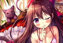 Rule 34 | 1girl, akabane (zebrasmise), black cat, bow, brown hair, cat, closed mouth, couch, finger to mouth, hair bow, heart, indoors, long hair, looking at viewer, one eye closed, original, pillow, purple eyes, red bow, shushing, smile, solo, spaghetti strap