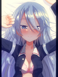 Rule 34 | 1girl, arms up, bed sheet, blue eyes, blue jacket, blush, bra, breasts, closed mouth, commentary, flint (girls und panzer), from above, girls und panzer, grey hair, half-closed eyes, highres, jacket, jinguu (4839ms), long hair, long sleeves, looking at viewer, lying, military uniform, on back, on bed, ooarai military uniform, open clothes, open jacket, pillarboxed, pink bra, small breasts, smile, solo, underwear, uniform