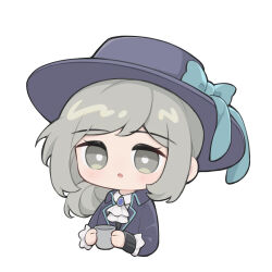 Rule 34 | 1girl, :o, ai chi guobaoyou, ascot, blue bow, blush, boater hat, bow, chibi, collared shirt, cropped torso, cup, grey eyes, grey hair, hair bun, hat, hat bow, highres, holding, holding cup, jacket, long sleeves, looking at viewer, purple hat, purple jacket, reverse:1999, shirt, short hair, single side bun, solo, upper body, vertin (reverse:1999), white ascot, white background, white shirt