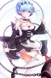 Rule 34 | 1girl, absurdres, black footwear, blue eyes, blue hair, breasts, chiutake mina, cleavage, commentary request, detached sleeves, dress, eyelashes, flail, frilled dress, frills, hair ornament, hair ribbon, highres, holding, holding weapon, looking at viewer, maid, medium breasts, parted lips, purple ribbon, re:zero kara hajimeru isekai seikatsu, rem (re:zero), ribbon, shoes, short hair, solo, thighhighs, weapon, white thighhighs, x hair ornament