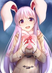 Rule 34 | 1girl, alternate costume, animal ears, box, coat, fingernails, gift, gift box, hands up, head tilt, heart, heart-shaped box, hisae (hisae collect), long hair, long sleeves, looking at viewer, night, night sky, open mouth, outdoors, pink hair, rabbit ears, red eyes, reisen udongein inaba, sky, smile, solo, touhou, upper body, very long hair