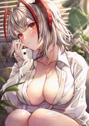 Rule 34 | 1girl, absurdres, ahoge, arknights, window blinds, blush, breasts, cactus, cleavage, closed mouth, collarbone, collared shirt, commentary request, demon horns, demon tail, grey hair, hand up, head rest, highres, horns, knees up, large breasts, light particles, long sleeves, looking at viewer, nyamaso, open clothes, open shirt, plant, potted plant, shirt, short hair, sitting, solo, tail, upper body, v-shaped eyebrows, w (arknights), white shirt, yellow eyes