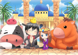 Rule 34 | &gt; &lt;, 1boy, 1girl, :3, animal, animal on head, bird, bird on head, black coat, black hair, black pants, black thighhighs, blue eyes, blue sky, blush, brown footwear, brown hair, castle, chibi, chick, closed eyes, closed mouth, cloud, coat, commentary, cow, crown, day, dress, full body, gem, grin, headphones, horse, in-universe location, indian style, long hair, long sleeves, mizonaki, multicolored coat, on head, open clothes, open coat, outdoors, palm tree, pants, priest (ragnarok online), purple dress, ragnarok online, red coat, shoes, short hair, simple background, sitting, sky, smile, thighhighs, tree, two-tone coat, wariza