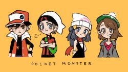 Rule 34 | 2boys, 2girls, puff of air, absurdres, backpack, badge, bag, baseball cap, beanie, black shirt, blush, bob cut, brendan (pokemon), brown eyes, brown hair, buttons, cardigan, closed mouth, coat, collared dress, commentary, copyright name, creatures (company), crossed arms, dawn (pokemon), dress, english commentary, eyelashes, game freak, gloria (pokemon), green bag, green headwear, grey cardigan, grey eyes, grey hair, hair ornament, hairclip, hat, highres, hooded cardigan, hyo oppa, long hair, looking at viewer, multiple boys, multiple girls, nintendo, open clothes, open coat, pink dress, pokemon, pokemon dppt, pokemon masters ex, pokemon oras, pokemon swsh, red (pokemon), red (sygna suit) (pokemon), red coat, red headwear, red scarf, scarf, shirt, short hair, short sleeves, sleeveless, smile, tam o&#039; shanter, white headwear