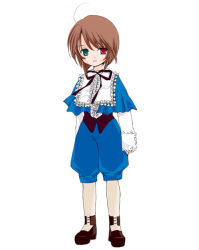 Rule 34 | 00s, 1girl, ascot, brown footwear, brown hair, capelet, frills, full body, green eyes, heterochromia, long sleeves, looking at viewer, neck ribbon, nyoi, pants, pantyhose, red eyes, ribbon, rozen maiden, shoes, short hair, shorts, simple background, solo, souseiseki, standing, white background, white pantyhose
