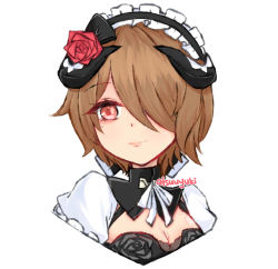 Rule 34 | 1girl, artist name, atsuyuki, breasts, brown hair, cleavage, closed mouth, dress, flower, frilled dress, frills, hair flower, hair ornament, hair over one eye, highres, honkai (series), honkai impact 3rd, looking at viewer, maid, mole, mole under eye, purple eyes, red flower, red rose, rita rossweisse, rita rossweisse (umbral rose), rose, short hair, simple background, smile, solo, upper body, white background