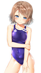 Rule 34 | 1girl, \||/, absurdres, backlighting, blue eyes, blue one-piece swimsuit, blush, breasts, collarbone, covered navel, cowboy shot, grey hair, hachinatsu, hair between eyes, hand on own arm, hand on own leg, hand on own thigh, head tilt, highres, love live!, love live! sunshine!!, one-piece swimsuit, short hair, simple background, skin tight, small breasts, smile, solo, standing, swept bangs, swimsuit, thighs, watanabe you, wet, white background