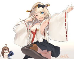 Rule 34 | 2girls, ahoge, bad anatomy, bare shoulders, black skirt, blonde hair, brown hair, cosplay, costume switch, detached sleeves, dress, fuwafuwatoufu, grey eyes, hairband, headgear, highres, holding, holding clothes, holding dress, japanese clothes, jervis (kancolle), jervis (kancolle) (cosplay), kantai collection, kongou (kancolle), kongou kai ni (kancolle), kongou kai ni (kancolle) (cosplay), long hair, multiple girls, nontraditional miko, one-hour drawing challenge, one eye closed, open mouth, pantyhose, pleated skirt, purple eyes, ribbon-trimmed sleeves, ribbon trim, skirt, smile, touyama nao, twitter username, voice actor connection, white pantyhose, white sleeves, wide sleeves