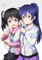 Rule 34 | 10s, 2girls, :d, alternate hairstyle, black hair, blue hair, digital media player, earphones, grey background, hair between eyes, hair ornament, hairpin, hand on headphones, highres, jacket, long hair, looking at viewer, love live!, love live! school idol festival, love live! school idol project, multiple girls, musical note, open mouth, pointing, pointing at viewer, ponytail, red eyes, scrunchie, shiimai, simple background, skirt, smile, sonoda umi, twintails, yazawa nico