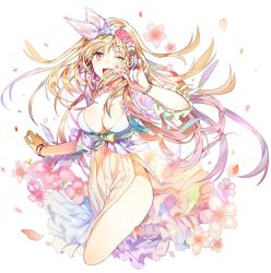 Rule 34 | 1girl, blonde hair, cherry blossoms, dress, female focus, flower, happy, headdress, jewelry, long hair, one eye closed, original, red eyes, relly, solo, wink, zue (artist)