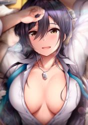 Rule 34 | 1girl, arms up, bad id, bad twitter id, blush, breast pocket, breasts, breasts apart, collarbone, dog tags, garana, glint, hair between eyes, highres, idolmaster, idolmaster shiny colors, jewelry, large breasts, light particles, long hair, looking at viewer, necklace, open clothes, open shirt, partially unbuttoned, pocket, ponytail, purple hair, school uniform, shirase sakuya, shirt, smile, solo, sweat, white shirt, yellow eyes