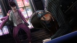 Rule 34 | 2boys, angry, beard, black hair, clenched hand, crying, crying with eyes open, danganronpa (series), dutch angle, face punch, facial hair, game cg, goatee, hat, in the face, jacket, jacket on shoulders, komatsuzaki rui, male focus, momota kaito, multiple boys, danganronpa v3: killing harmony, official art, on floor, open mouth, pants, pinstripe pattern, punching, purple eyes, purple hair, saihara shuichi, school uniform, shirt, shouting, slapping, space print, spiked hair, stained glass, stairs, standing, starry sky print, striped, surprised, tears, window