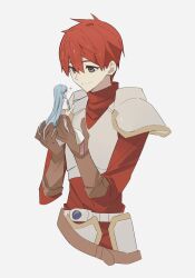 Rule 34 | 1boy, 1girl, adol christin, ancient ys vanished, armor, belt, black eyes, blue hair, brown gloves, closed mouth, commentary request, cropped legs, feena (ys), george man, gloves, hair between eyes, highres, long hair, mini person, minigirl, red hair, red sweater, short hair, shoulder armor, simple background, smile, sparkle, sweater, white background, ys