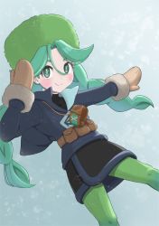 Rule 34 | 1girl, absurdres, black skirt, blue pupils, blush, braid, brown bag, brown mittens, closed mouth, commentary request, creatures (company), eyelashes, fur hat, game freak, green eyes, green hair, green hat, green pantyhose, grey jacket, hair between eyes, hand up, hat, highres, jacket, knees, long hair, long sleeves, looking at viewer, mittens, mochitaro (mothitaroo), nintendo, outstretched arm, pantyhose, pokemon, pokemon legends: arceus, sabi (pokemon), skirt, smile, solo, split mouth, twin braids, twintails