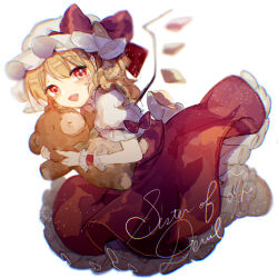 Rule 34 | 1girl, blonde hair, dress, flandre scarlet, hat, looking at viewer, mob cap, open mouth, puffy short sleeves, puffy sleeves, red dress, red eyes, red ribbon, ribbon, short sleeves, simple background, smile, solo, sorani (kaeru0768), stuffed animal, stuffed toy, teddy bear, touhou, white background, wrist cuffs