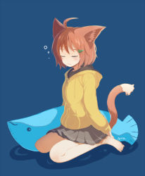 Rule 34 | 1girl, 3:, ahoge, animal ears, artist name, barefoot, batta (kanzume quality), blue background, blush, brown hair, cat ears, cat tail, closed eyes, hair ornament, hairpin, hood, hoodie, original, pleated skirt, simple background, sitting, skirt, sleepy, solo, sweater, tail, wariza, wavy mouth