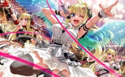 Rule 34 | 3girls, ahoge, armpits, audience, belt, black shirt, black thighhighs, blonde hair, blue eyes, breasts, buru-dai, butterfly hair ornament, commentary request, crop top, dress, gloves, hair ornament, hair ribbon, hairclip, halter shirt, halterneck, highres, holding, holding microphone, hololive, horns, large breasts, long hair, microphone, multiple girls, multiple persona, o-ring, one eye closed, open mouth, pointing, red gloves, red ribbon, red skirt, ribbon, shirt, signature, skirt, smile, stage, teeth, thighhighs, tsunomaki watame, tsunomaki watame (1st costume), tsunomaki watame (1st solo live), tsunomaki watame (watame night fever!!), virtual youtuber, white dress