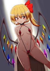 Rule 34 | 1girl, arms behind back, blonde hair, blush, bow, breasts, breath, choker, coat, collarbone, crystal, dutch angle, feet out of frame, flandre scarlet, furrowed brow, gluteal fold, groin, hair between eyes, hair bow, highres, kagayama hajime, long hair, looking at viewer, medium breasts, navel, one-piece swimsuit, open clothes, open coat, open mouth, red eyes, red one-piece swimsuit, side ponytail, slingshot swimsuit, solo, standing, stomach, sweat, swimsuit, tareme, touhou, trench coat, undressing, wings