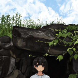 Rule 34 | 1girl, absurdres, black eyes, black hair, blue sky, cave, cloud, day, grass, highres, looking at viewer, medium hair, open mouth, original, outdoors, plant, shirt, sky, solo, uniunimikan, vines, white shirt
