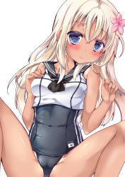 Rule 34 | 10s, 1girl, black neckerchief, blonde hair, blue eyes, blue sailor collar, cameltoe, covered navel, crop top, flower, hair flower, hair ornament, kantai collection, light smile, long hair, looking at viewer, lying, neckerchief, one-piece tan, ro-500 (kancolle), sailor collar, school swimsuit, solo, spread legs, swimsuit, swimsuit under clothes, tan, tanline, yoroi nau