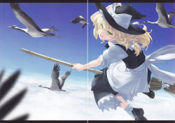 Rule 34 | 1girl, absurdres, bamboo broom, bird, blonde hair, bow, braid, broom, broom riding, cloud, female focus, flying, green eyes, hat, hat bow, highres, kirisame marisa, long hair, open mouth, rokuwata tomoe, scan, sky, solo, touhou, witch hat