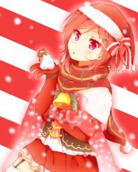 Rule 34 | 10s, 1girl, bell, bow, elbow gloves, gift, gloves, hat, looking at viewer, love live!, love live! school idol project, nishikino maki, oda (101511a), purple eyes, red gloves, red hair, santa costume, santa hat, scarf, solo, striped, striped background