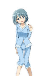 Rule 34 | 10s, 1girl, :d, blue eyes, blue hair, blush, collarbone, gluteal fold, hair ornament, hairclip, head tilt, highres, jewelry, kinfuji, knees together feet apart, legs together, long sleeves, looking at viewer, mahou shoujo madoka magica, mahou shoujo madoka magica (anime), matching hair/eyes, miki sayaka, navel, open mouth, pajamas, ring, short hair, simple background, smile, solo, soul gem, thigh gap, unworn hair ornament, unworn hairclip, white background