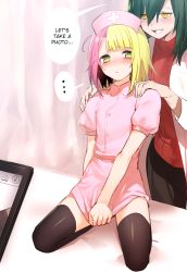 Rule 34 | ..., 1boy, 1girl, androgynous, black thighhighs, blonde hair, blush, covering privates, covering crotch, crossdressing, embarrassed, erubo, femdom, gradient background, green hair, hands on shoulders, hard-translated, hat, lab coat, looking at viewer, mole, multicolored hair, nurse, nurse cap, original, photographic proof, pink hair, ribbed sweater, short hair, sweater, tablet pc, theodor bachstein, thighhighs, third-party edit, translated, trap, yellow eyes