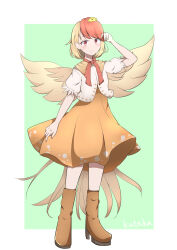 Rule 34 | 1girl, absurdres, bird, bird tail, bird wings, blonde hair, boots, chick, dress, feathered wings, full body, hand up, hashiro fumi, high heel boots, high heels, highres, looking at viewer, multicolored hair, niwatari kutaka, red eyes, red hair, short hair, short sleeves, smile, solo, tail, touhou, two-tone hair, wings