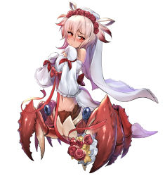 Rule 34 | 1girl, arthropod girl, arthropod limbs, bouquet, breasts, bride, cancer (monster girl encyclopedia), commission, crab claw, crab girl, extra eyes, flower, gao (gaolukchup), hair flower, hair ornament, highres, holding, holding bouquet, long sleeves, looking to the side, monster girl, monster girl encyclopedia, orange eyes, pincers, pink hair, red flower, ribbon, short hair, simple background, small breasts, solo, taur, white background