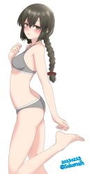 Rule 34 | 1girl, barefoot, black eyes, black hair, blush, bra, braid, breasts, commentary request, cowboy shot, dated, from side, grey bra, grey panties, hair between eyes, highres, isonami (kancolle), kantai collection, looking at viewer, low twintails, medium breasts, nitamako (sakamalh), one-hour drawing challenge, panties, parted lips, sidelocks, simple background, solo, sports bra, standing, standing on one leg, twin braids, twintails, twitter username, underwear, underwear only, white background