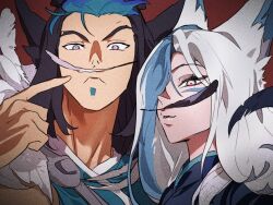 Rule 34 | 1boy, 1girl, animal ears, black feathers, black hair, blue eyes, blue hair, closed mouth, couple, feathers, hair over one eye, league of legends, long hair, looking at viewer, medium hair, multicolored hair, parted lips, pointing, pointing at self, rakan (league of legends), red background, sidelocks, simple background, ssg rakan, ssg xayah, two-tone hair, upper body, white feathers, white hair, xayah, zaket07