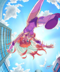 Rule 34 | 00s, 1girl, arms up, bad id, bad pixiv id, birdy cephon altera, blue eyes, boots, breasts, building, choker, city, cleavage, cloud, day, dyed bangs, elbow gloves, from below, gloves, hebina masayoshi, jumping, long hair, looking up, medium breasts, multicolored hair, one eye closed, outstretched arms, perspective, red hair, signature, sky, smile, solo, tetsuwan birdy, tetsuwan birdy decode, thigh boots, thighhighs, tight clothes, two-tone hair, white hair, wink