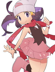 Rule 34 | 1girl, beanie, boots, bracelet, character name, clenched hand, closed mouth, commentary request, creatures (company), dated, dawn (pokemon), floating hair, game freak, hair ornament, hairclip, hat, highres, jewelry, kneehighs, looking at viewer, nintendo, petoke, pink footwear, pink skirt, pokemon, pokemon dppt, scarf, shirt, sidelocks, skirt, sleeveless, sleeveless shirt, smile, socks, solo, white hat
